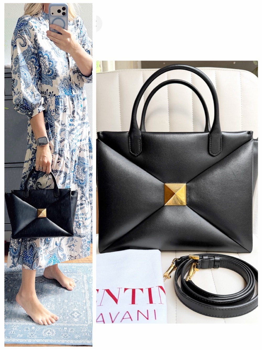 3k Valentino Garavani One Roman Stud Medium Nappa Leather Puff tote bag black